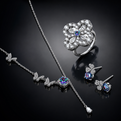 Lucky Clover Moissanite Set - multi color lab-created moissanite jewelry set in 925 sterling silver