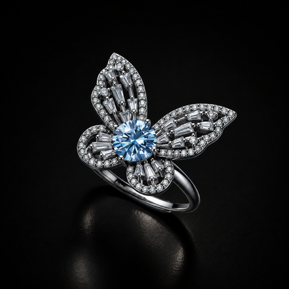 Blue Butterfly Moissanite Ring - lab-created moissanite ring in 925 sterling silver