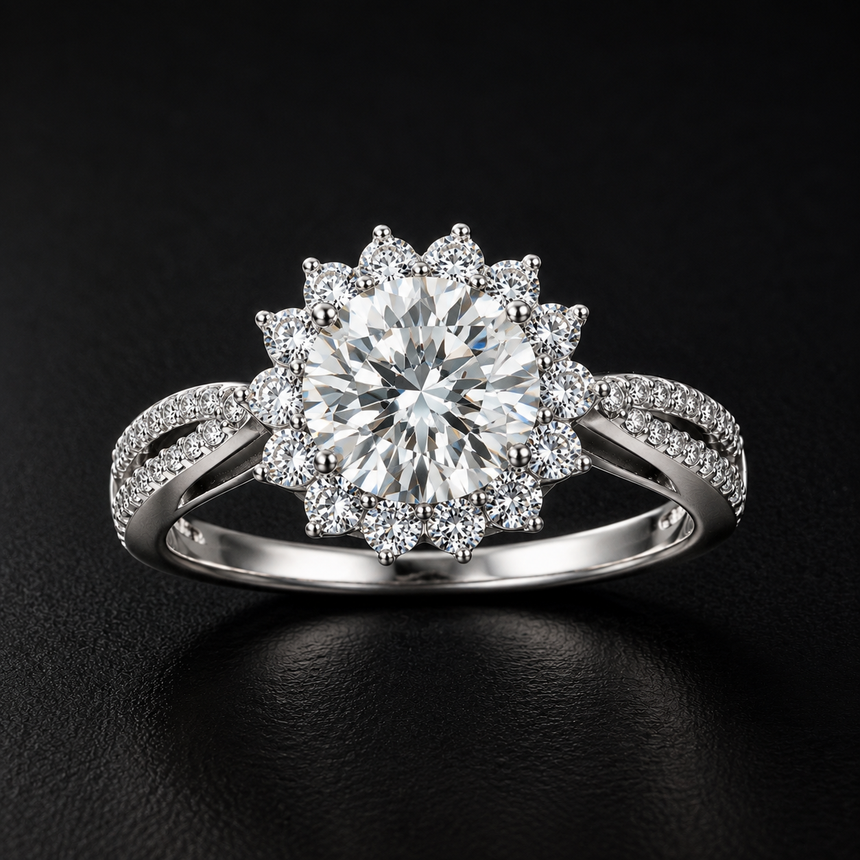 The Corona Ring - near colorless lab-created moissanite round brilliant ring in 925 sterling silver
