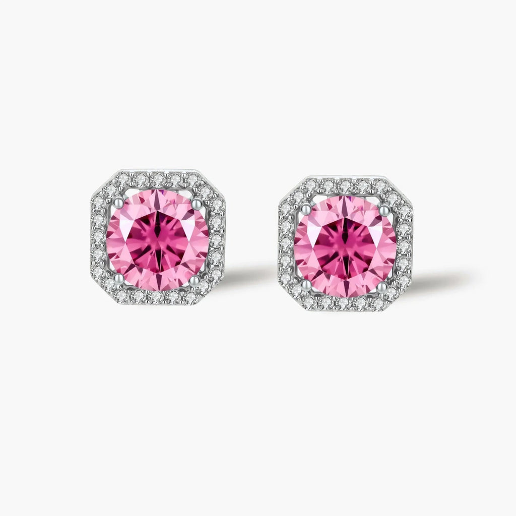 Blush Halo Moissanite Stud Earrings - pink lab-created moissanite earring in 925 sterling silver - view 2