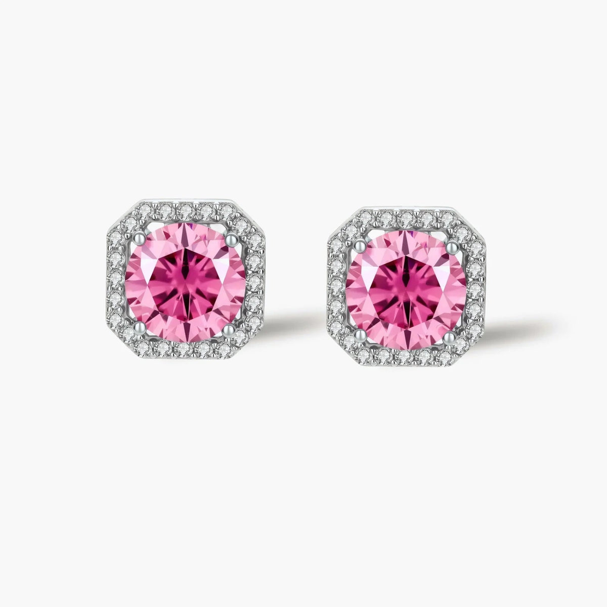 Blush Halo Moissanite Stud Earrings - pink lab-created moissanite earring in 925 sterling silver - view 2