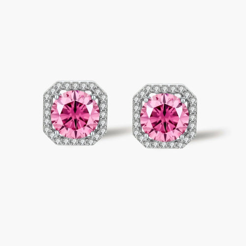 Blush Halo Moissanite Stud Earrings - pink lab-created moissanite earring in 925 sterling silver - view 2