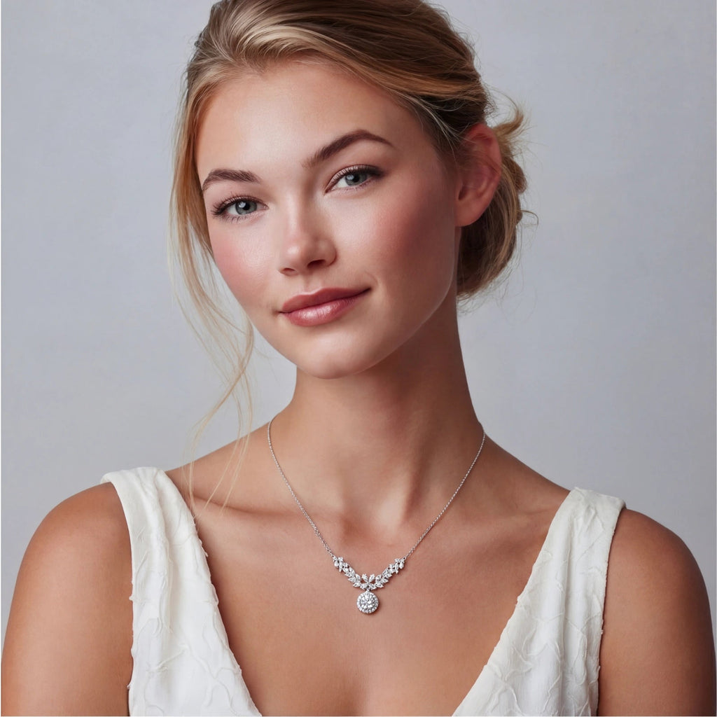 Corona Cascade Necklace - near colorless lab-created moissanite marquise cut necklace in 925 sterling silver - view 4