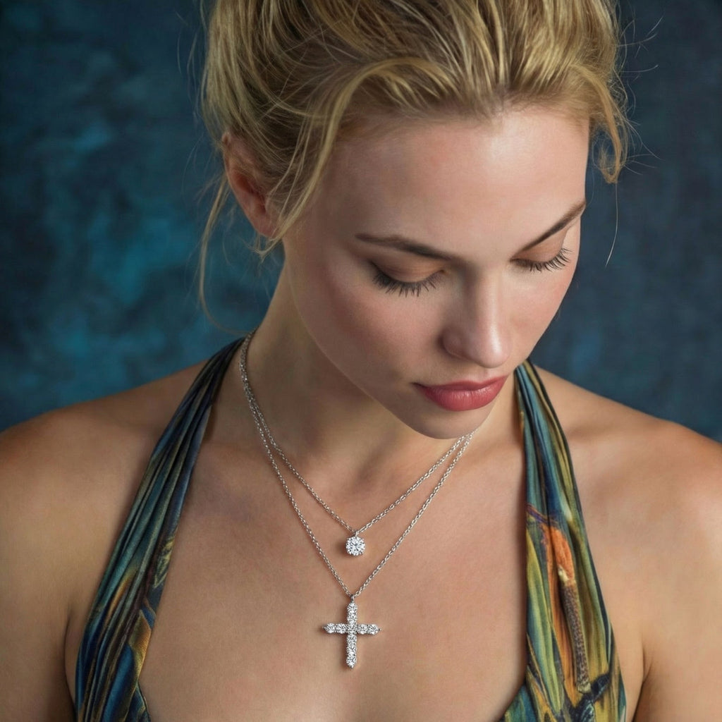 Crux Layered Necklace Set - lab-created moissanite necklace in 925 sterling silver - view 3