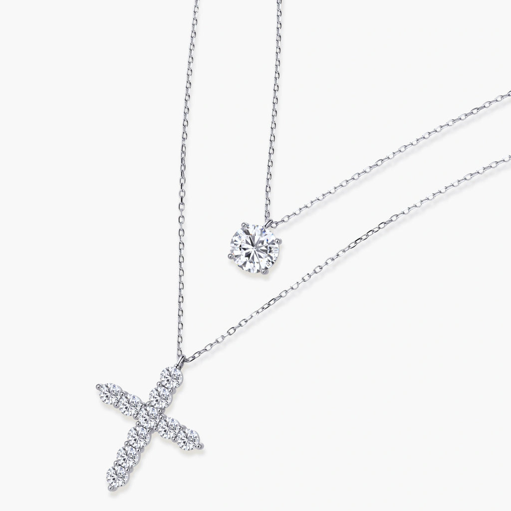 Crux Layered Necklace Set - lab-created moissanite necklace in 925 sterling silver - view 2