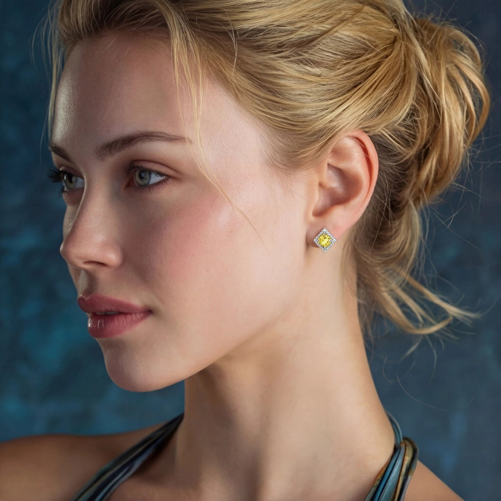 Solstice Halo Studs - yellow lab-created moissanite earring in 925 sterling silver - view 4