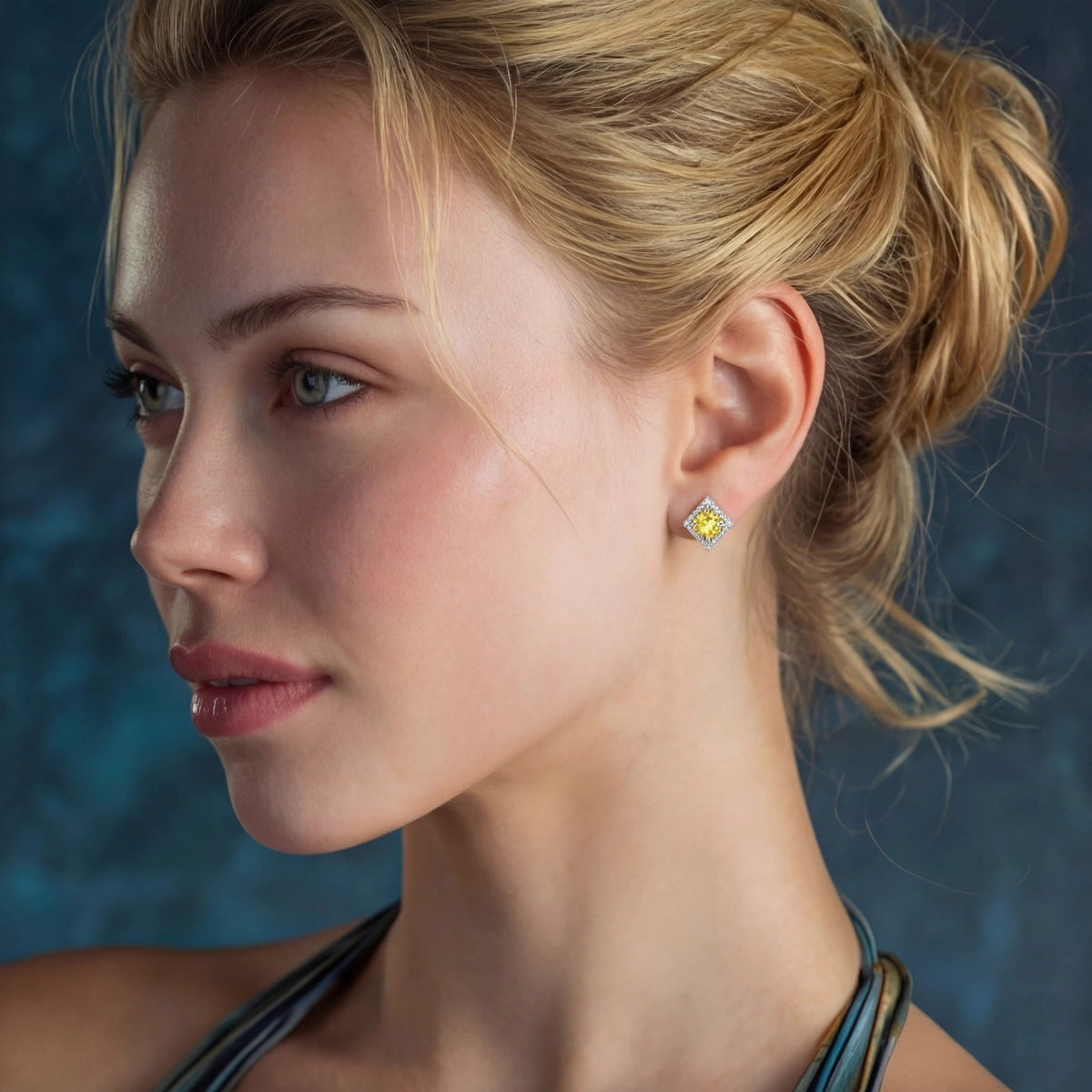 Solstice Halo Studs - yellow lab-created moissanite earring in 925 sterling silver - view 4
