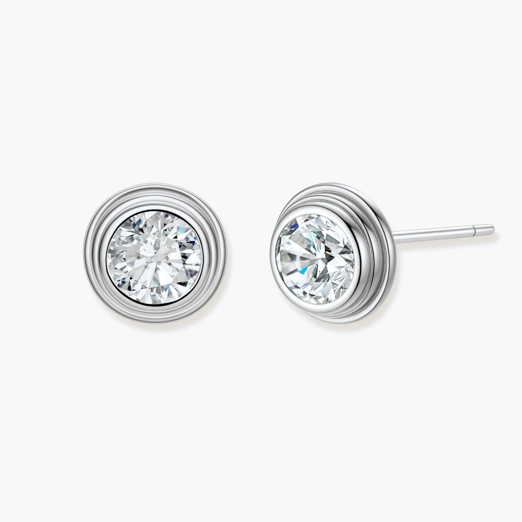 Orbit Solitaire Studs - near colorless lab-created moissanite earring in 925 sterling silver - view 2