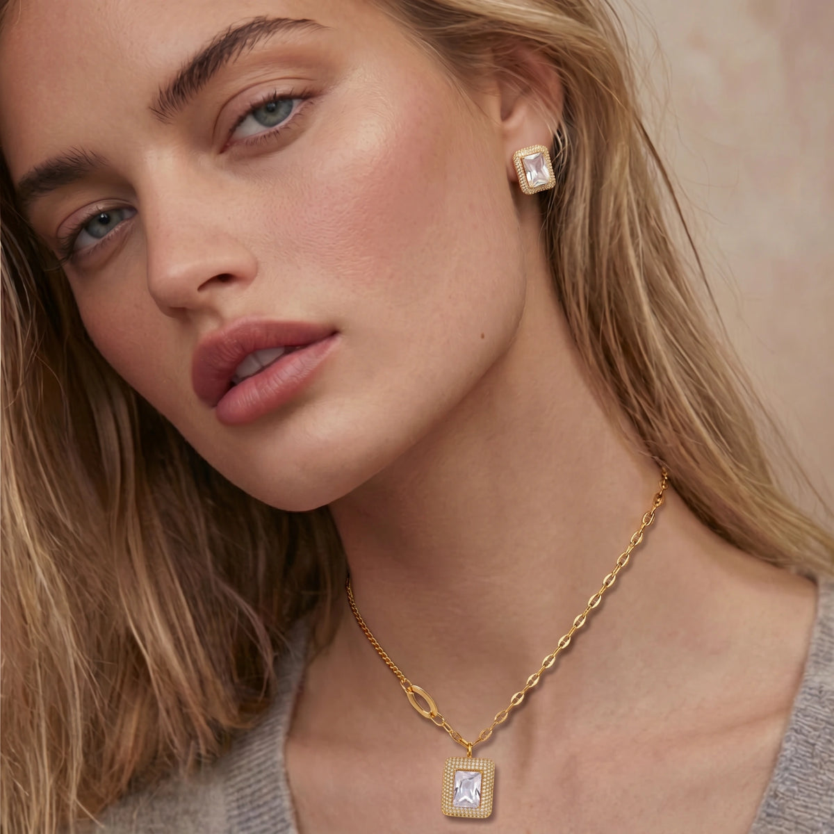 Rectangle Halo Necklace and Earring Set