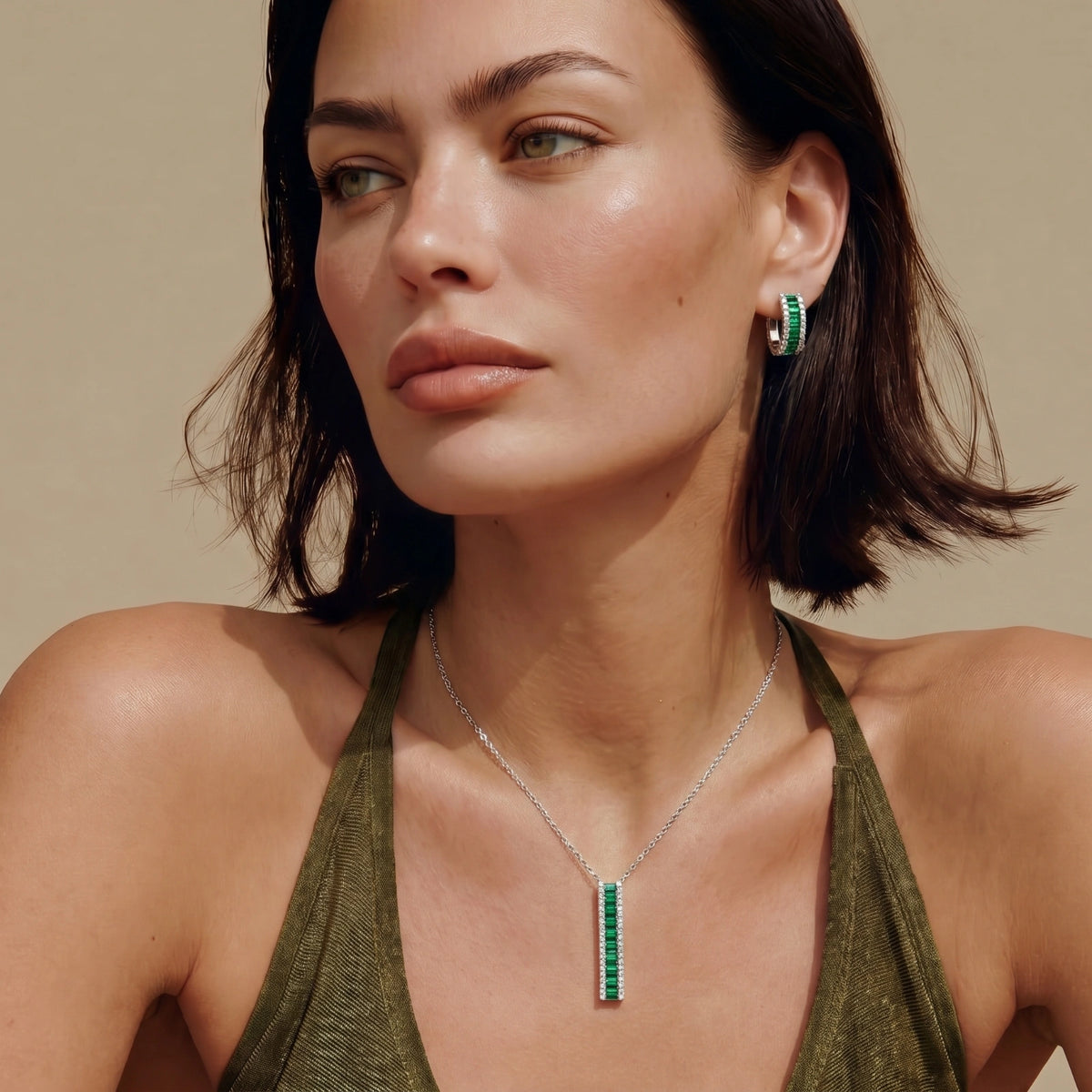 Green Baguette Bar Necklace and Earring Set