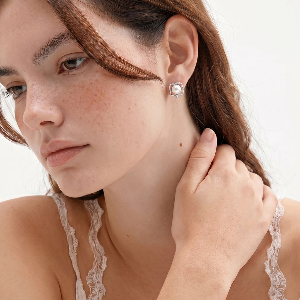 Pearl Square Halo Studs