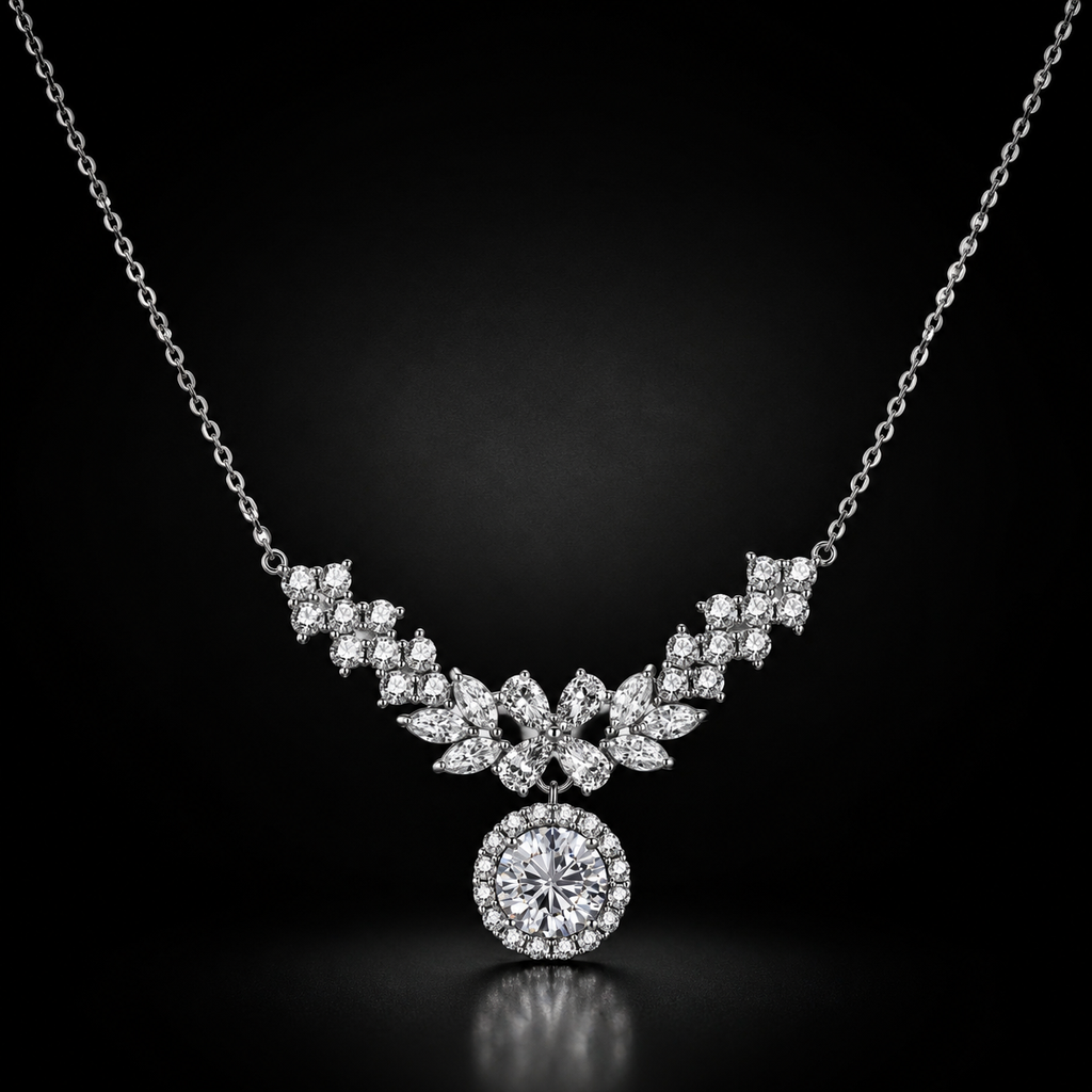 Corona Cascade Necklace - near colorless lab-created moissanite marquise cut necklace in 925 sterling silver