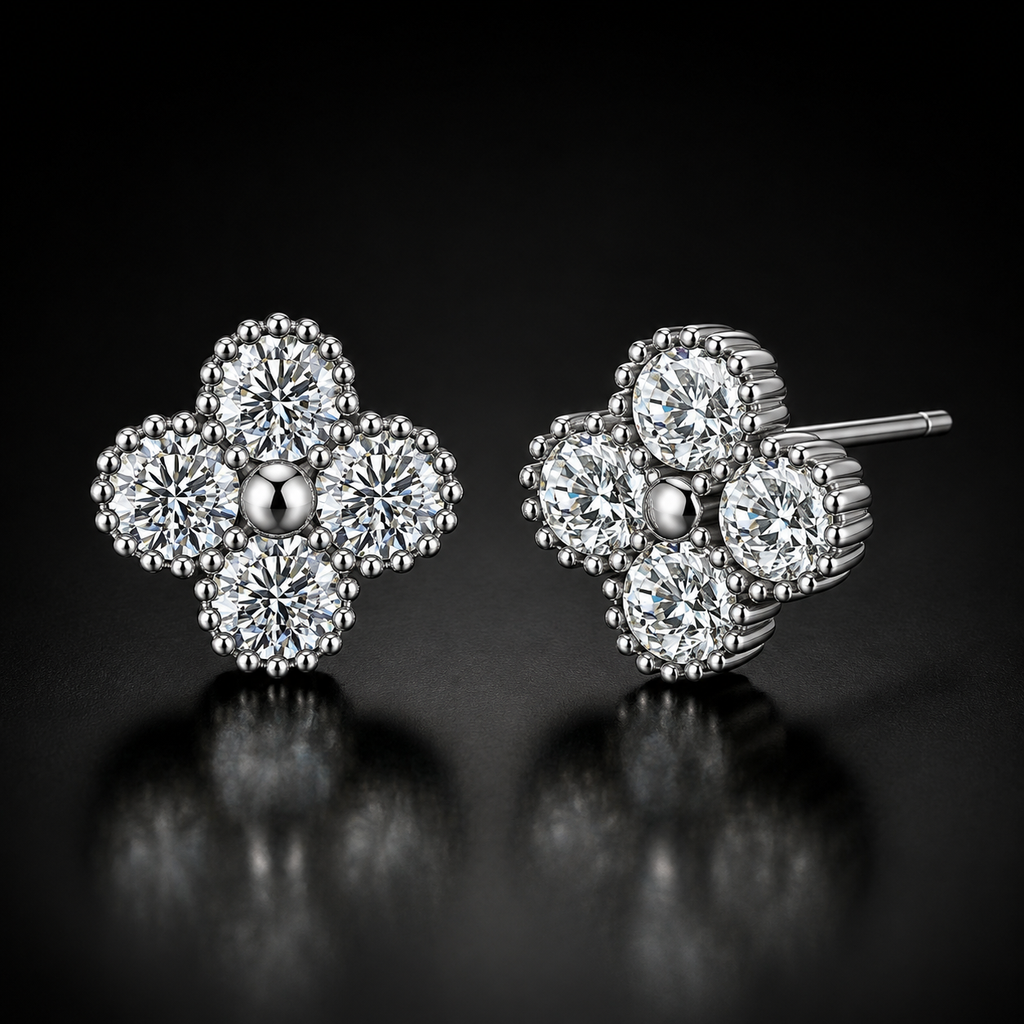 Quatrefoil Moissanite Studs - near colorless lab-created moissanite earring in 925 sterling silver