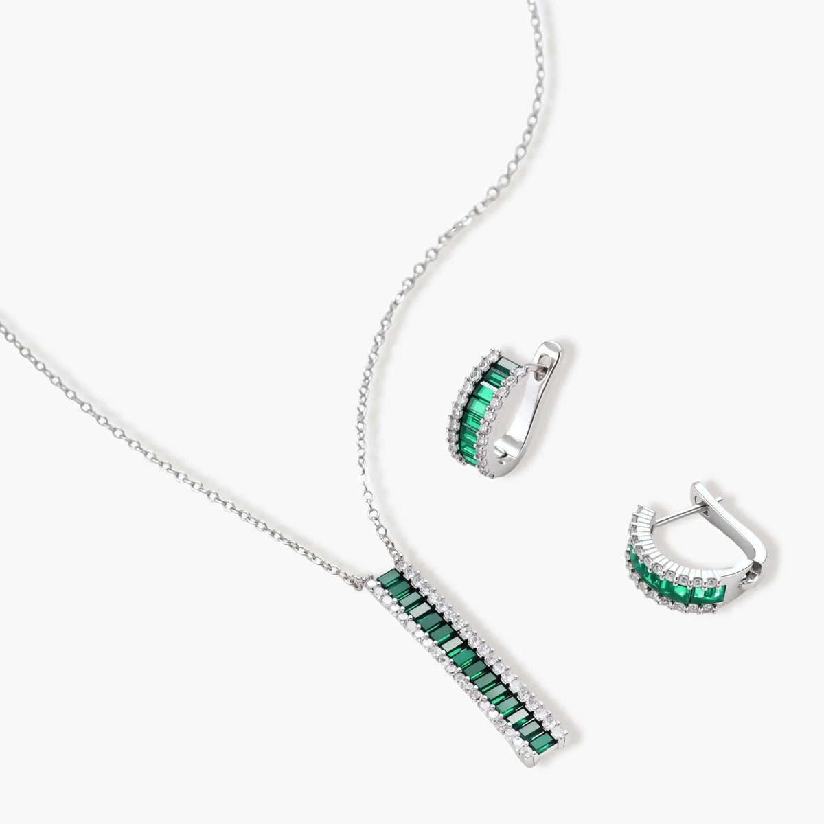 Green Baguette Bar Necklace and Earring Set