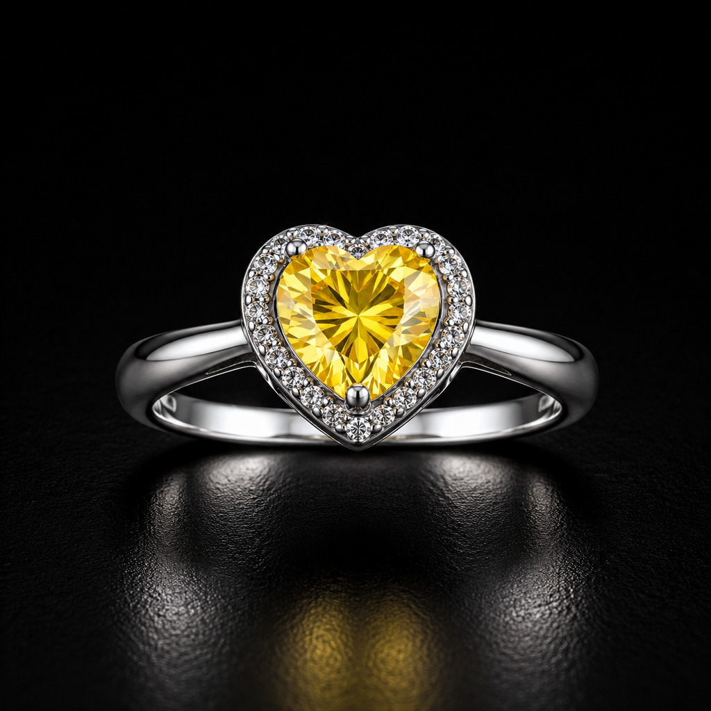 Golden Heart Halo Ring - yellow lab-created moissanite ring in 925 sterling silver