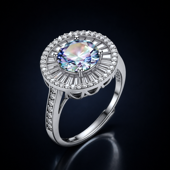 Starlight Halo Ring - multi color lab-created moissanite ring in 925 sterling silver
