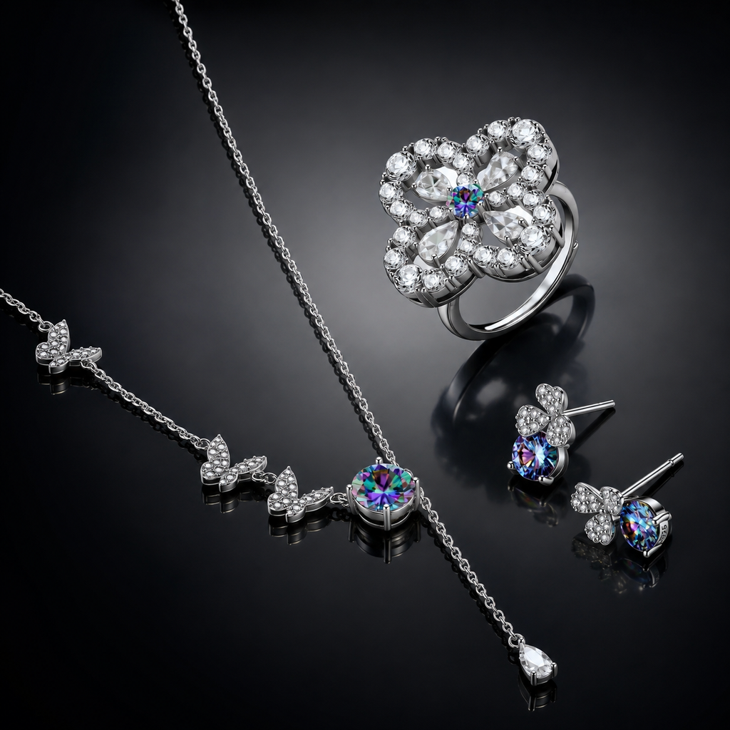Lucky Clover Moissanite Set - multi color lab-created moissanite jewelry set in 925 sterling silver