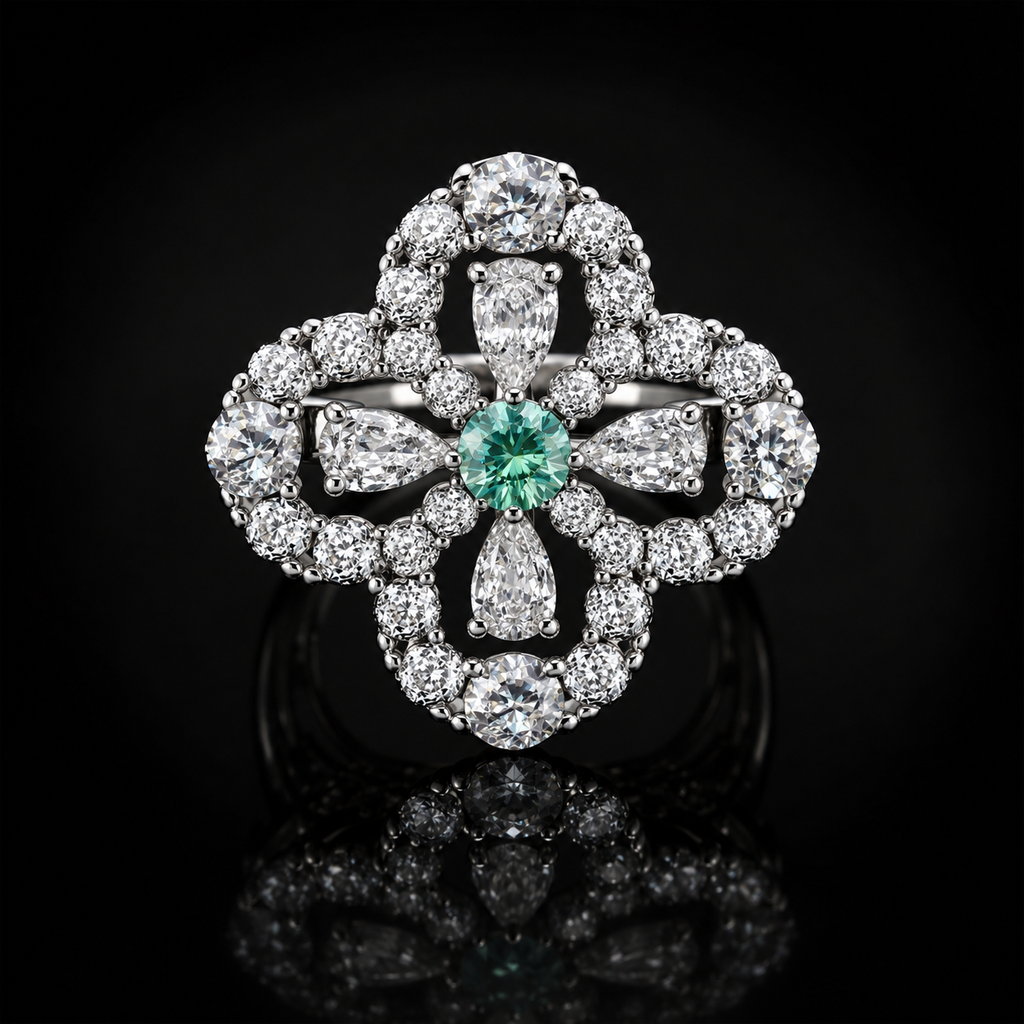 Lucky Charm Clover Ring - green lab-created moissanite ring in 925 sterling silver