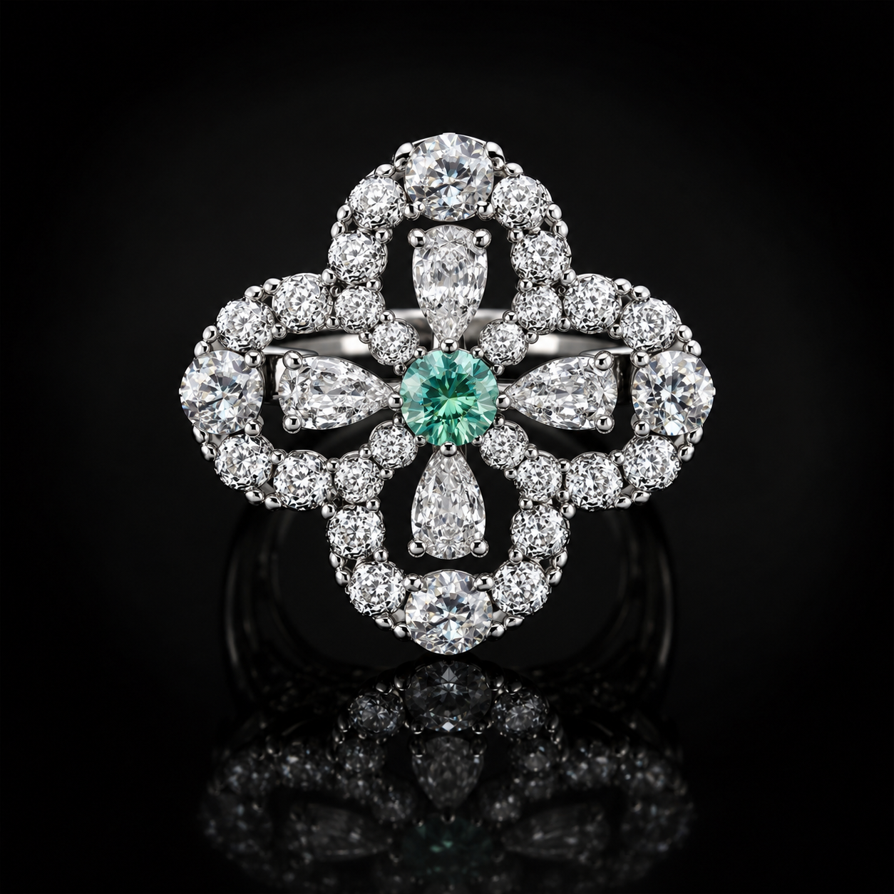 Lucky Charm Clover Ring - green lab-created moissanite ring in 925 sterling silver