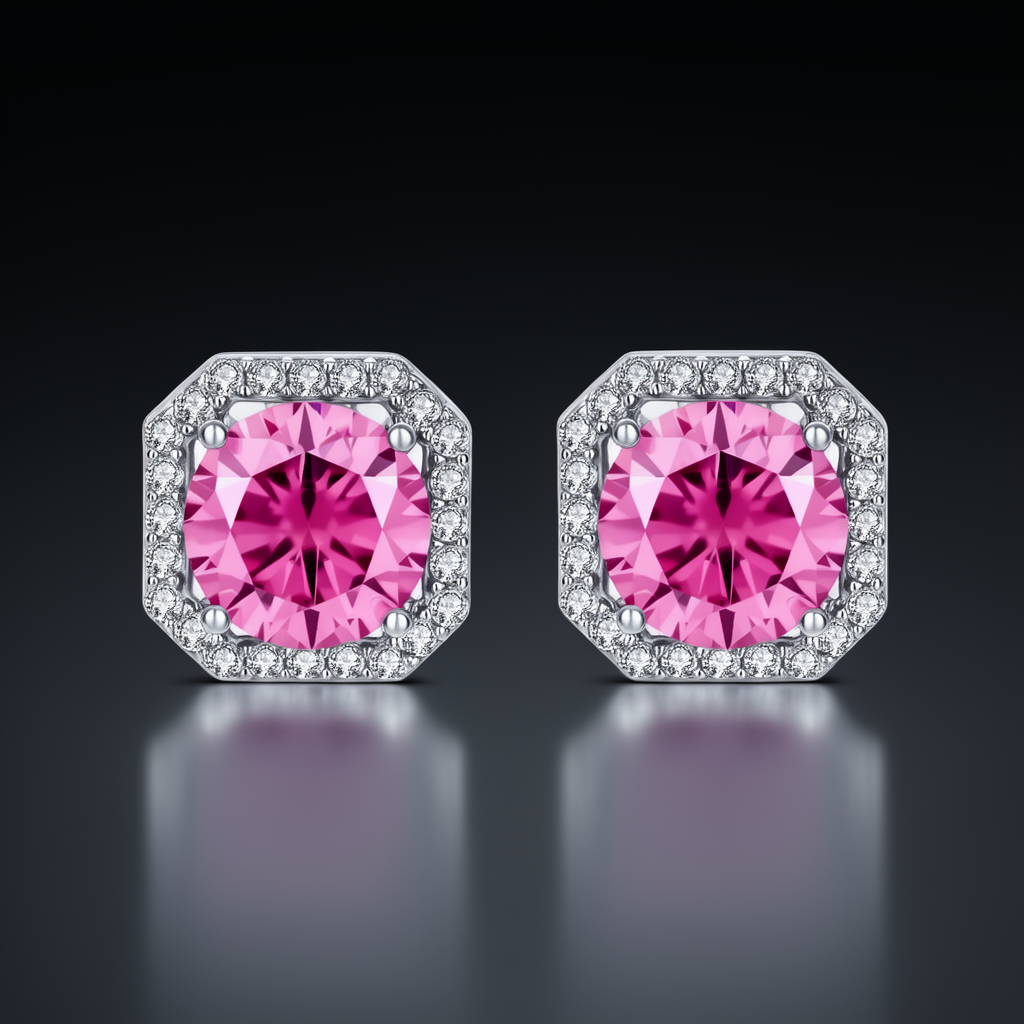 Blush Halo Moissanite Stud Earrings - pink lab-created moissanite earring in 925 sterling silver