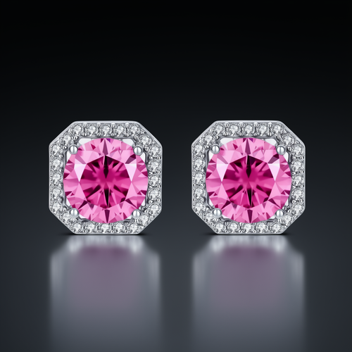 Blush Halo Moissanite Stud Earrings - pink lab-created moissanite earring in 925 sterling silver