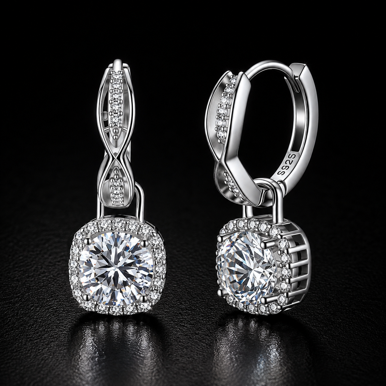 Helix Halo Drops - near colorless lab-created moissanite earring in 925 sterling silver