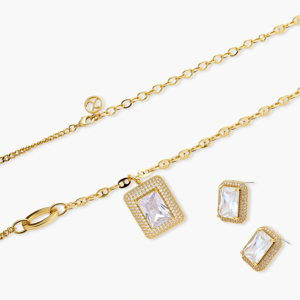 Rectangle Halo Necklace and Earring Set