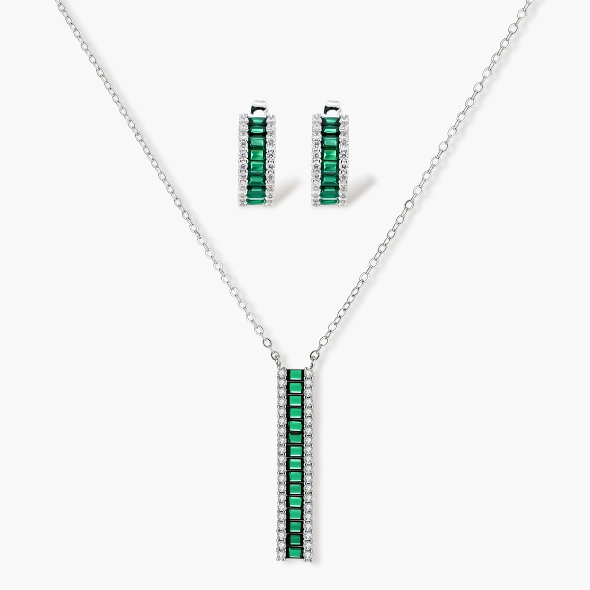 Green Baguette Bar Necklace and Earring Set