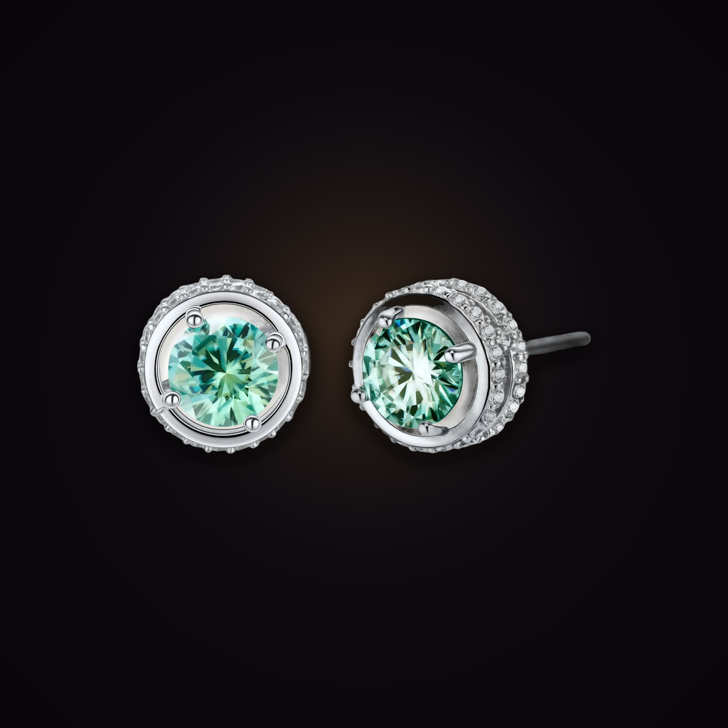 Umbra Orbit Studs — green moissanite orbit-halo stud earrings in 925 sterling silver, Maison Noctaura
