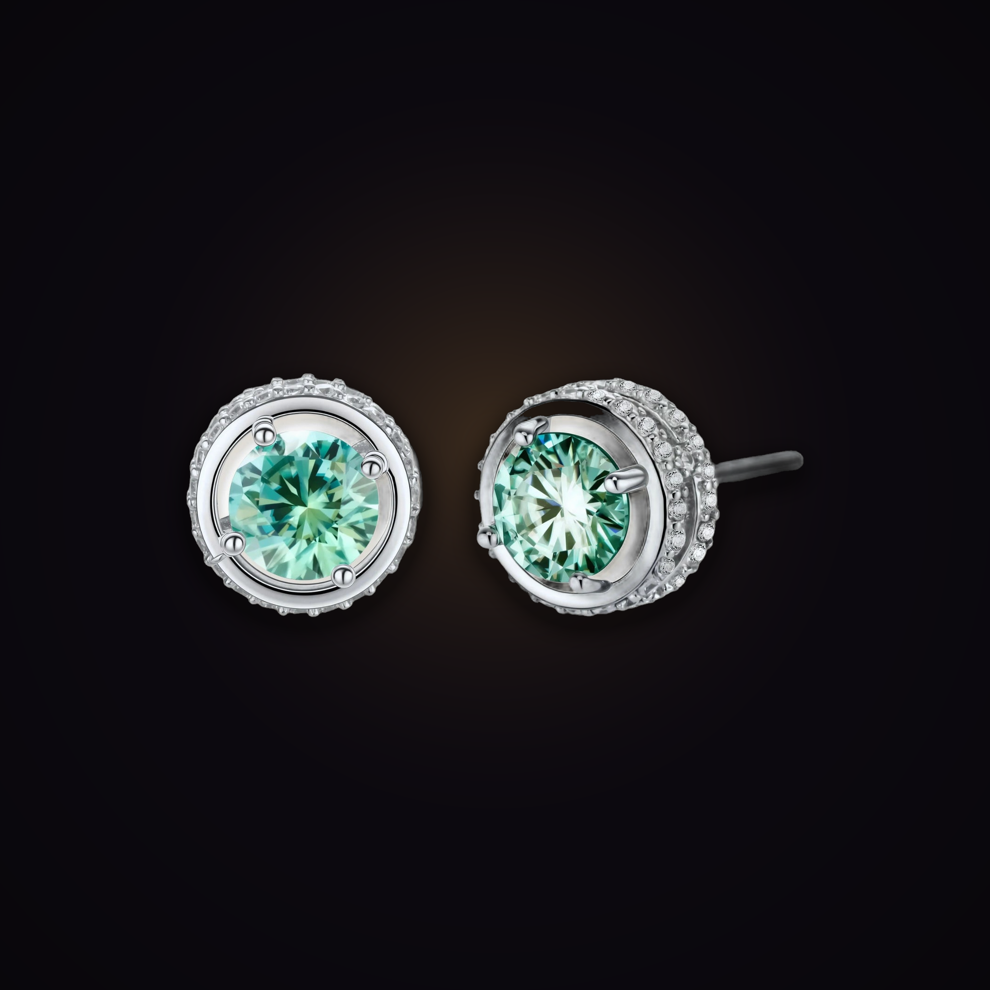Umbra Orbit Studs — green moissanite orbit-halo stud earrings in 925 sterling silver, Maison Noctaura