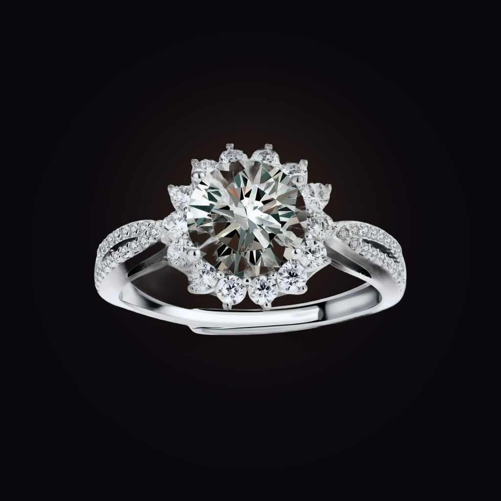 Corona Ring — 2 carat round moissanite full-halo eclipse ring in sterling silver, Maison Noctaura