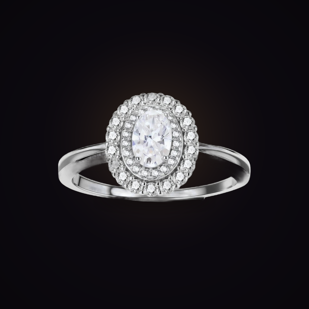 Aureole Halo Ring — double-halo round moissanite ring in 925 sterling silver, Maison Noctaura