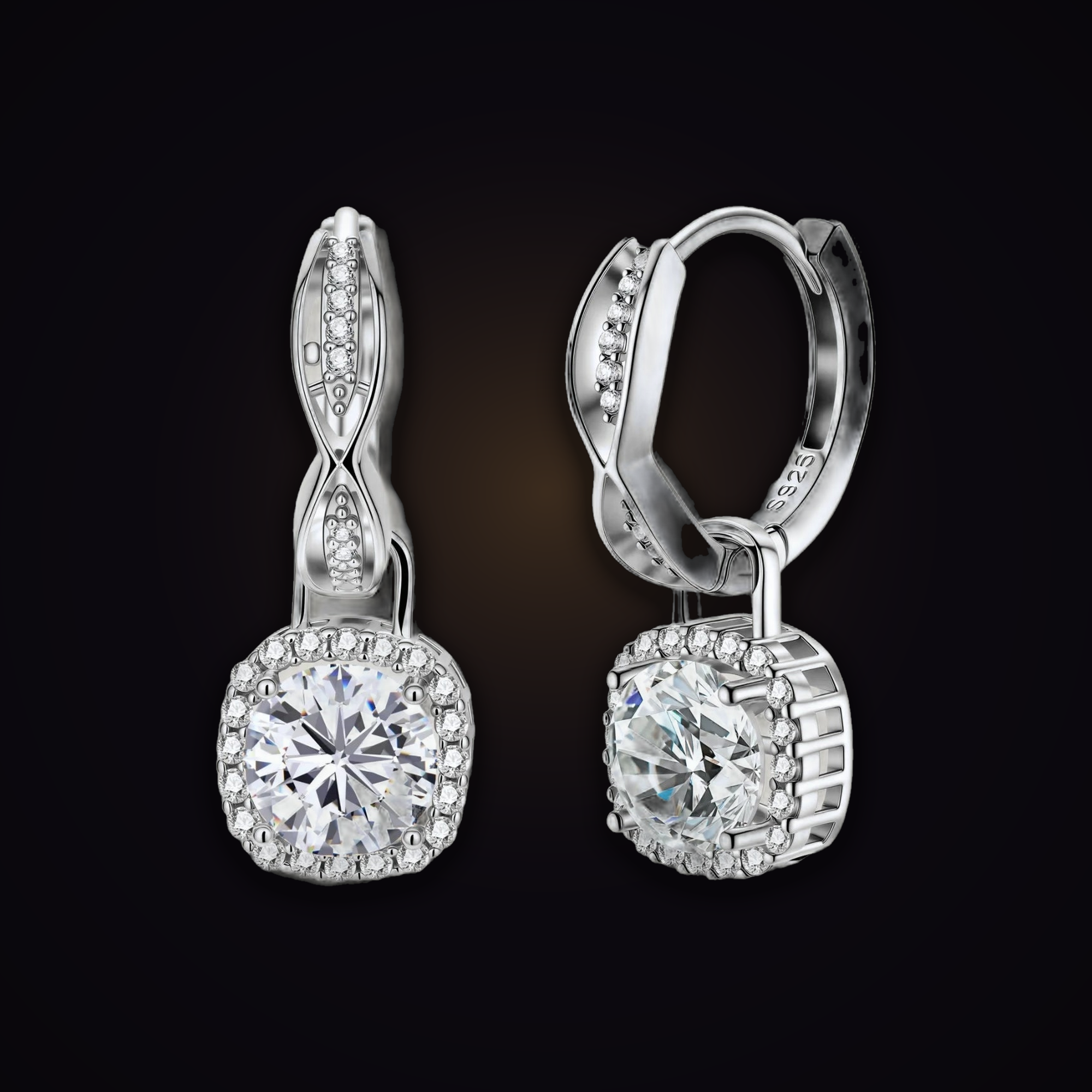 Helix Halo Drops — 1 carat moissanite cushion-halo drops on twisted sterling silver huggies, Maison Noctaura