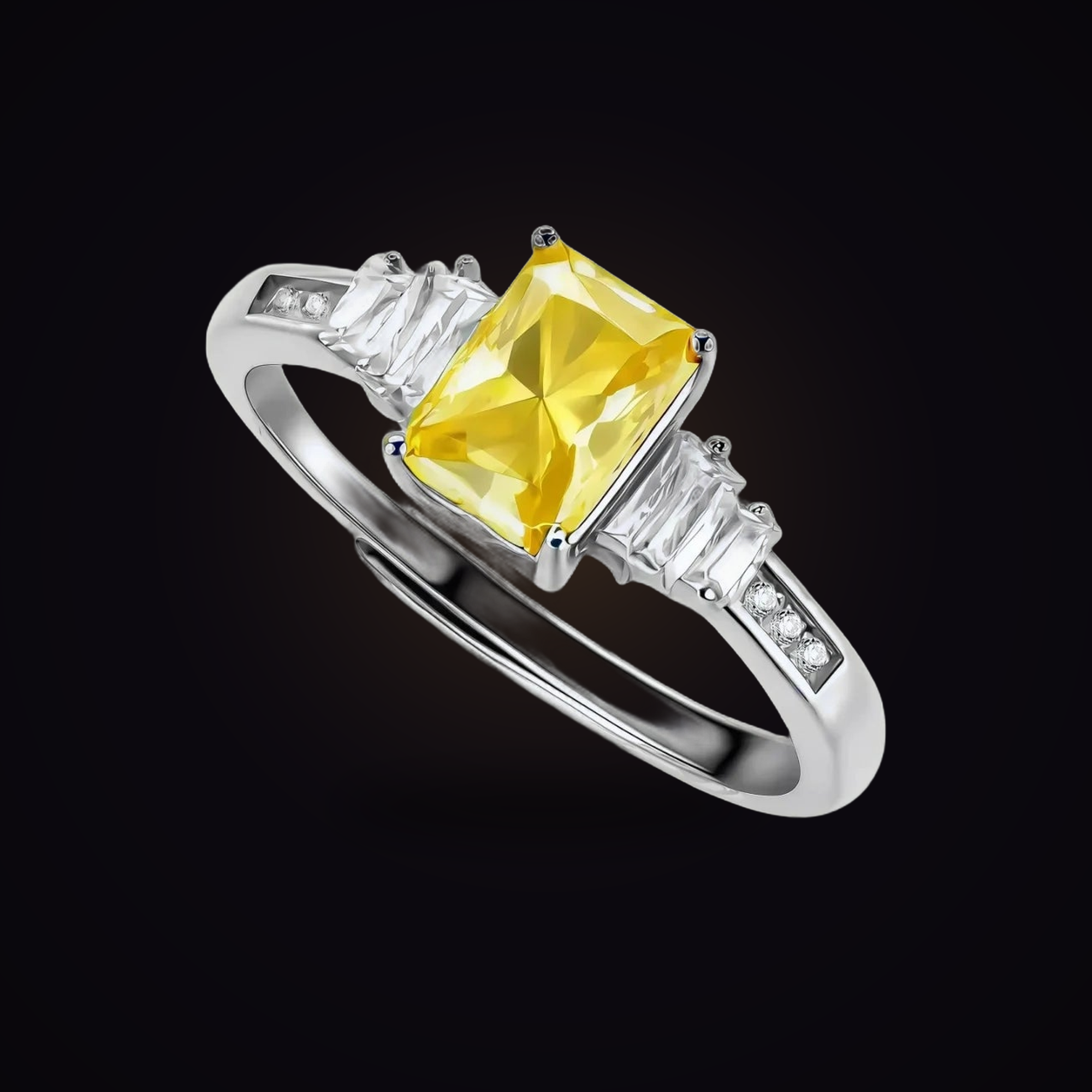 Sunset Sovereign Ring — yellow moissanite three-stone ring in sterling silver, Maison Noctaura