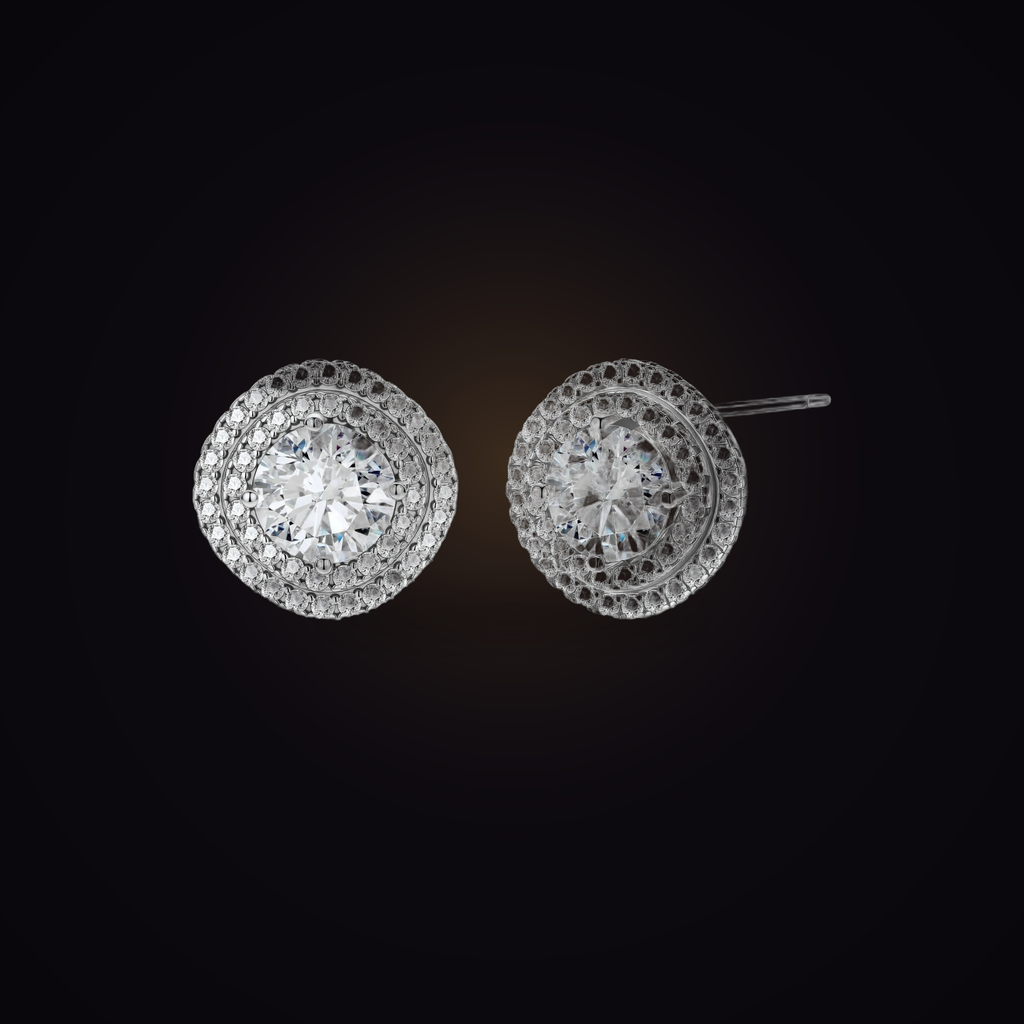 Eclipse Halo Studs — double-halo round moissanite stud earrings in sterling silver, Maison Noctaura