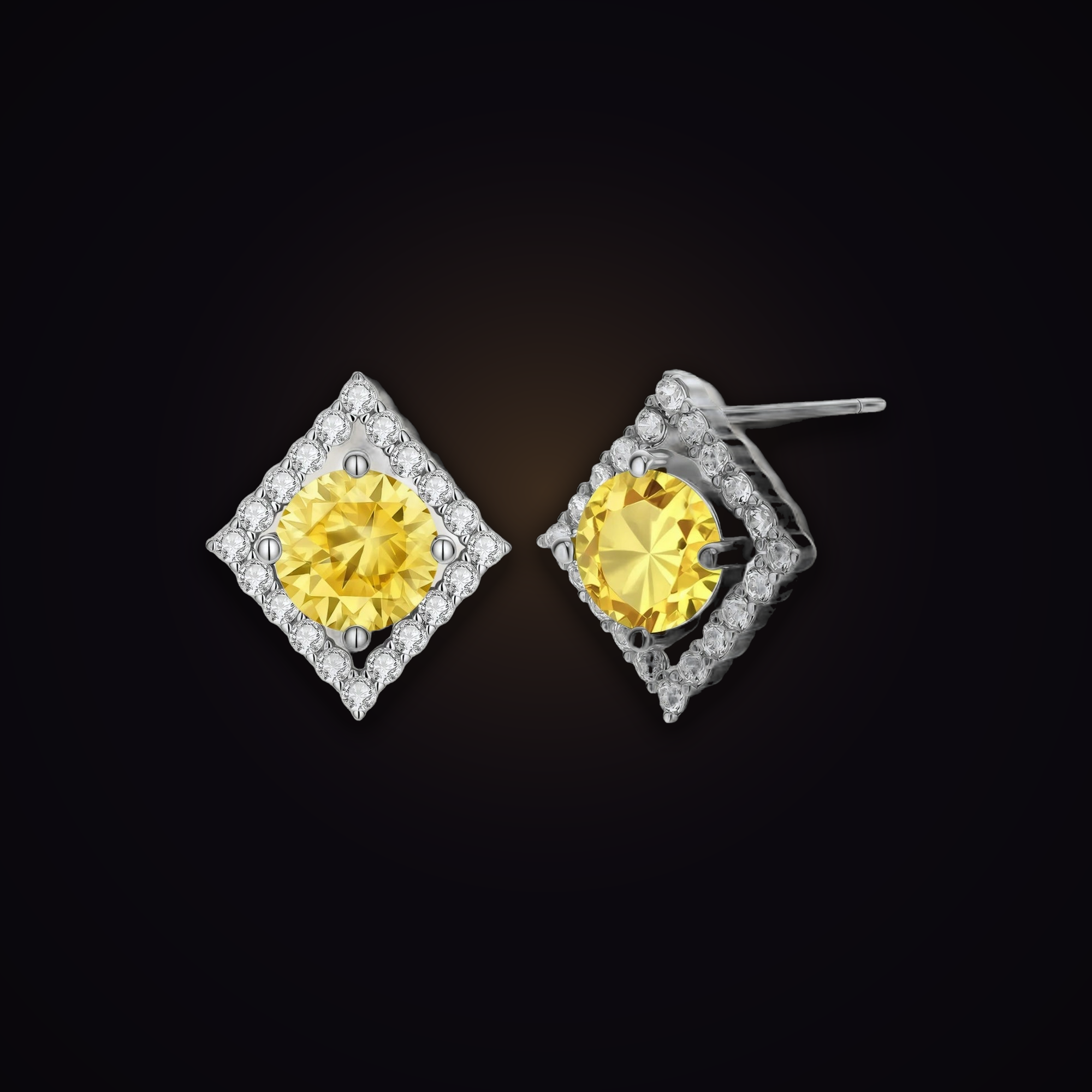 Solstice Halo Studs — golden moissanite kite-set halo stud earrings in 925 sterling silver, Maison Noctaura