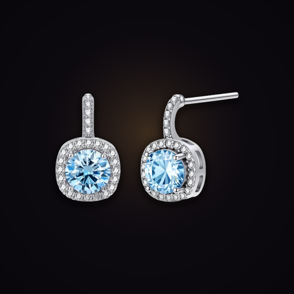 Azure Vigil Drops — blue moissanite cushion-halo drop earrings in 925 sterling silver, Maison Noctaura