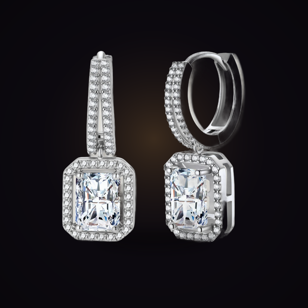 Obelisk Drops — emerald-cut moissanite drop earrings on sterling silver huggies, Maison Noctaura