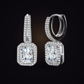 Obelisk Drops — emerald-cut moissanite drop earrings on sterling silver huggies, Maison Noctaura