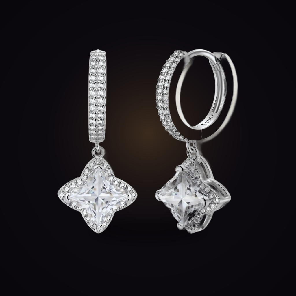Polaris Huggie Drops — geometric moissanite hinged huggie earrings in sterling silver, Maison Noctaura