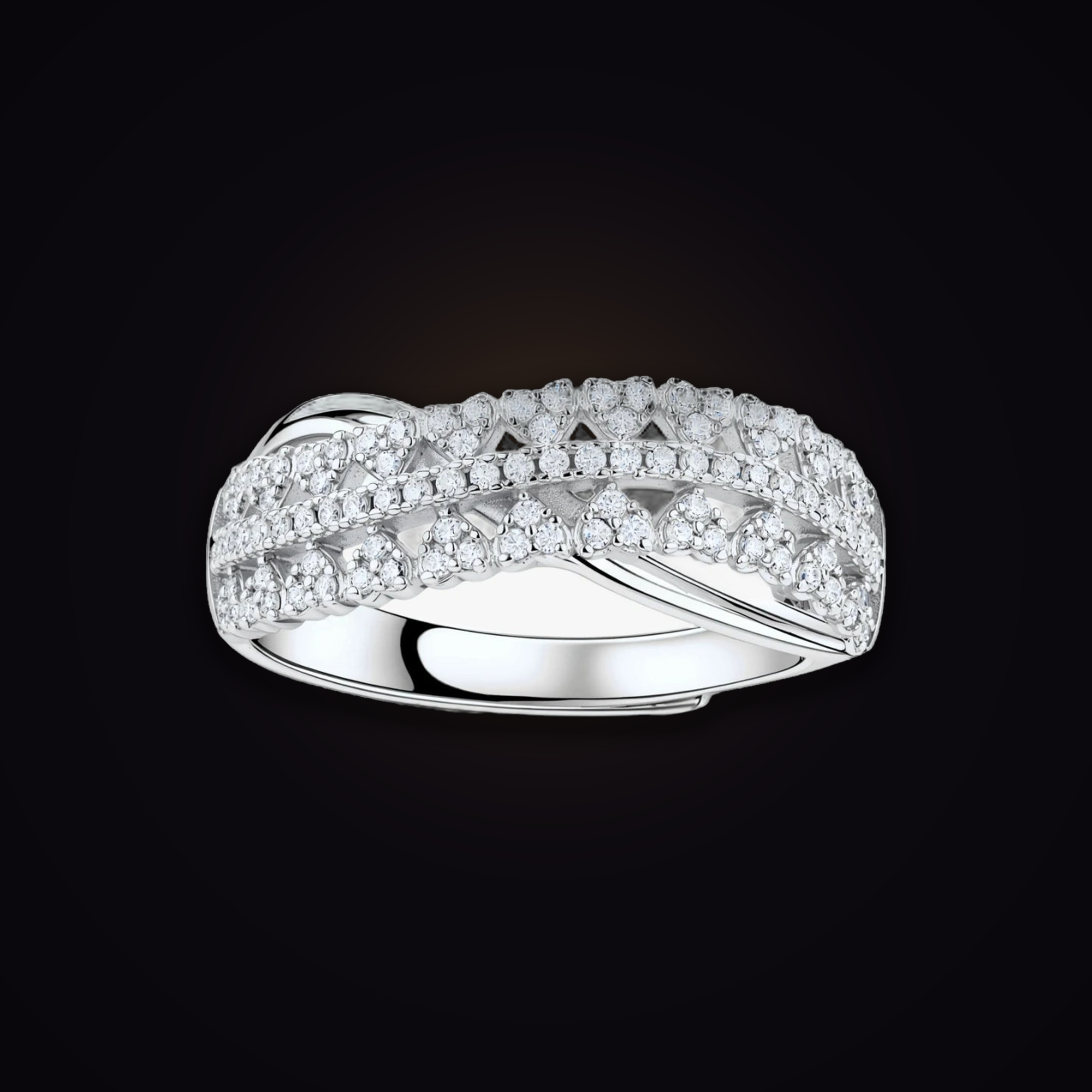 Orbital Crossing Band — crossover pavé moissanite ring in 925 sterling silver, Maison Noctaura