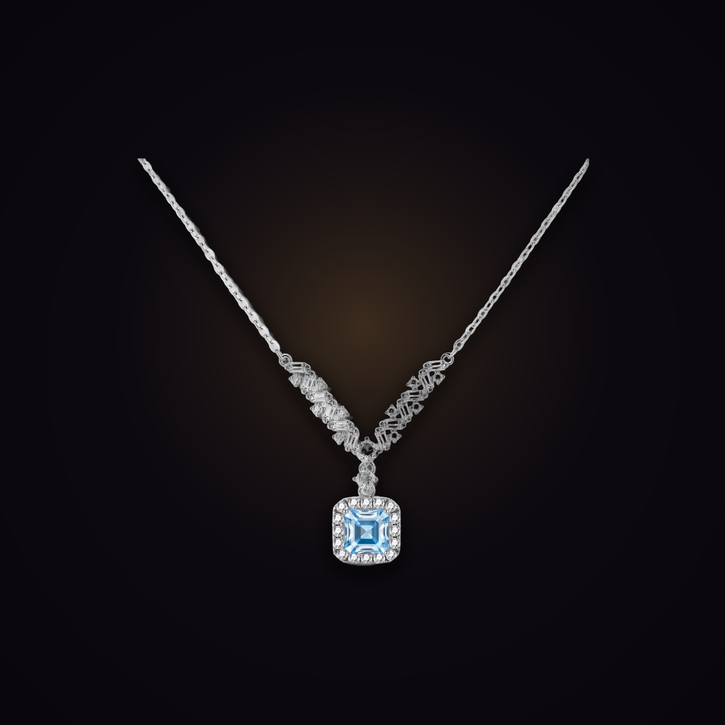 Nocturne Meridian Necklace — blue moissanite halo drop necklace in 925 sterling silver, Maison Noctaura