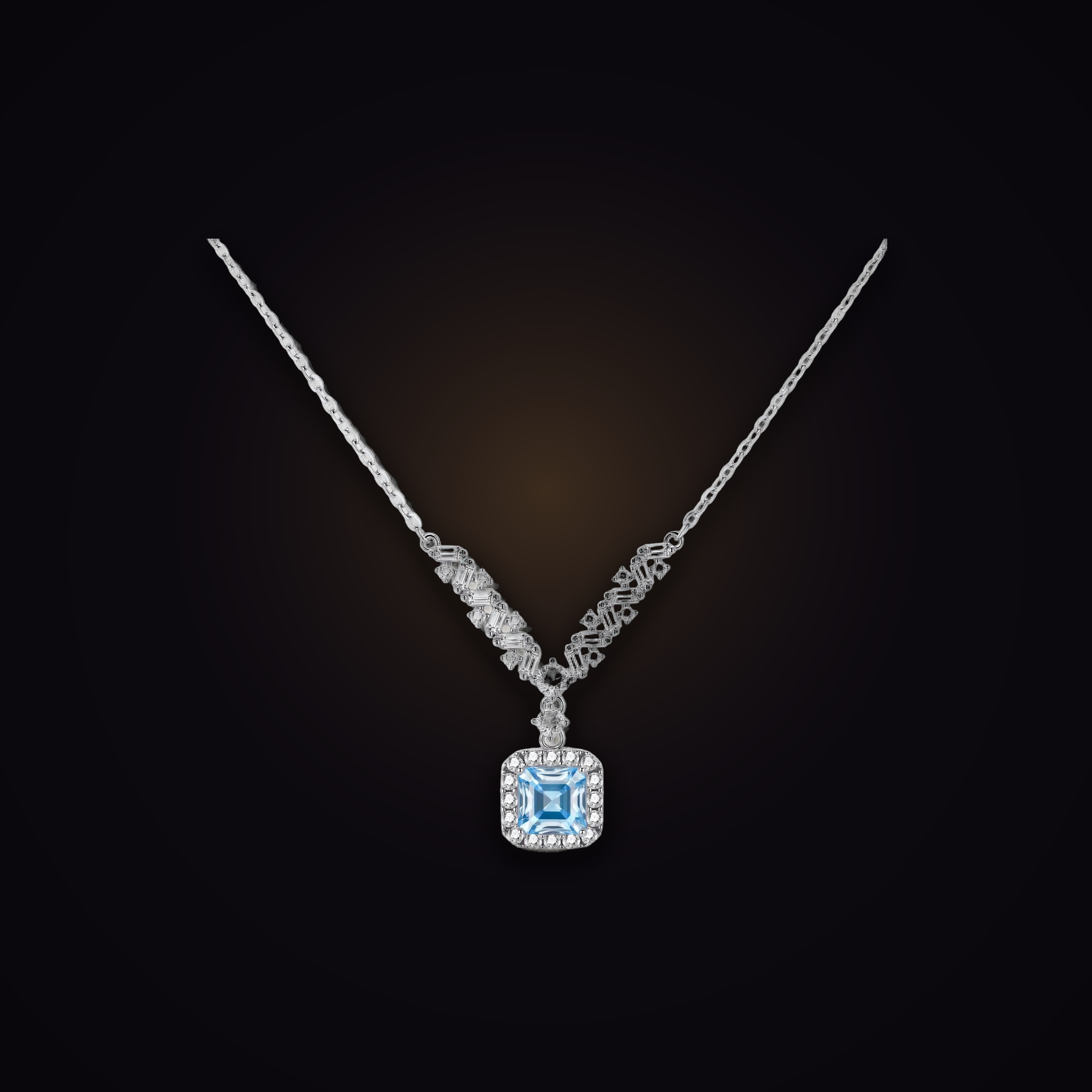 Nocturne Meridian Necklace — blue moissanite halo drop necklace in 925 sterling silver, Maison Noctaura